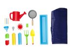 Colorful children's gardening tools, including a watering can, shovel, rake, and various accessories.