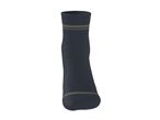 Dark blue sock with two olive green stripes at the top and one at the bottom