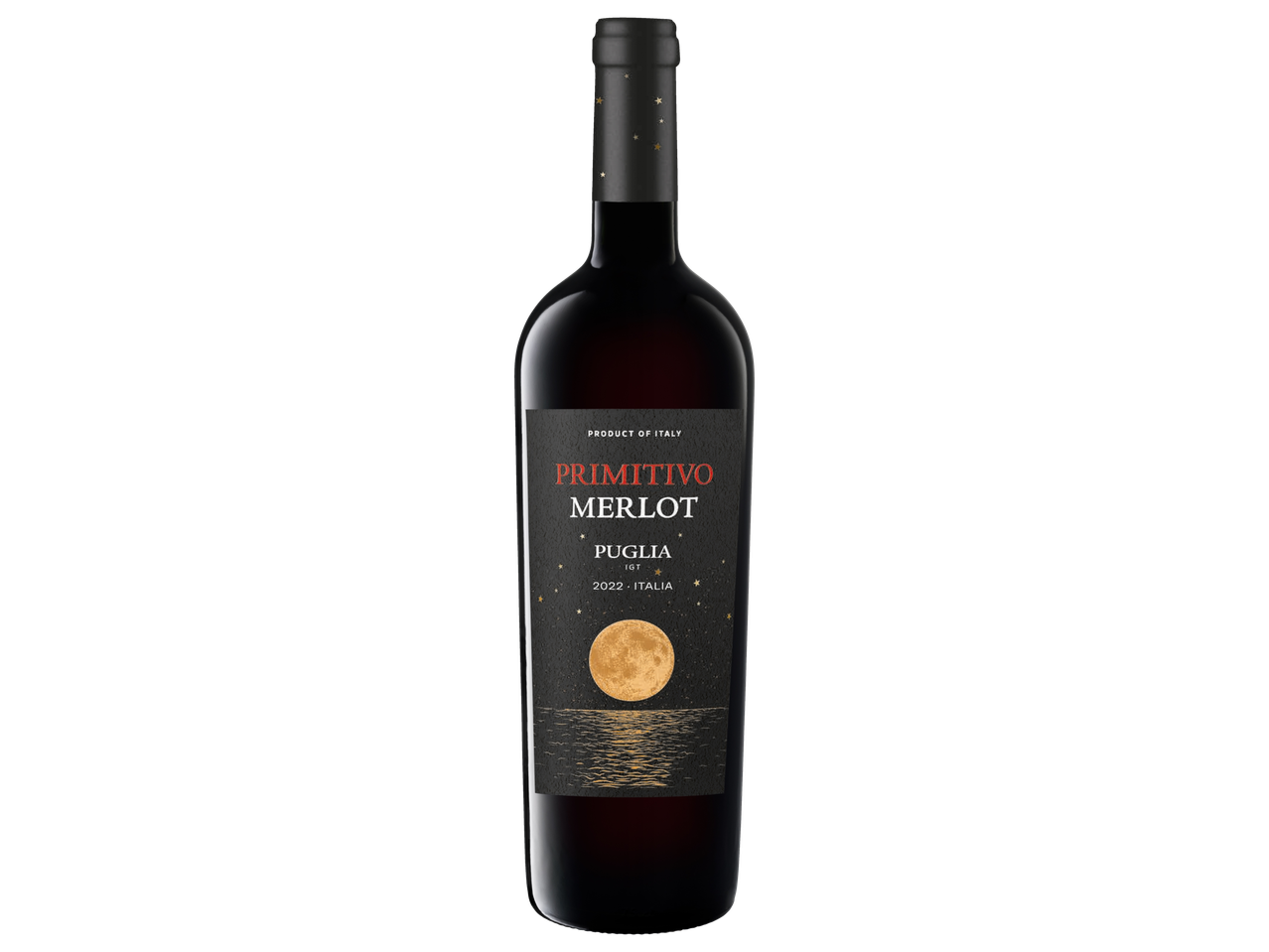 Fles rode wijn Primitivo Merlot met een zwart etiket met maan en sterren.