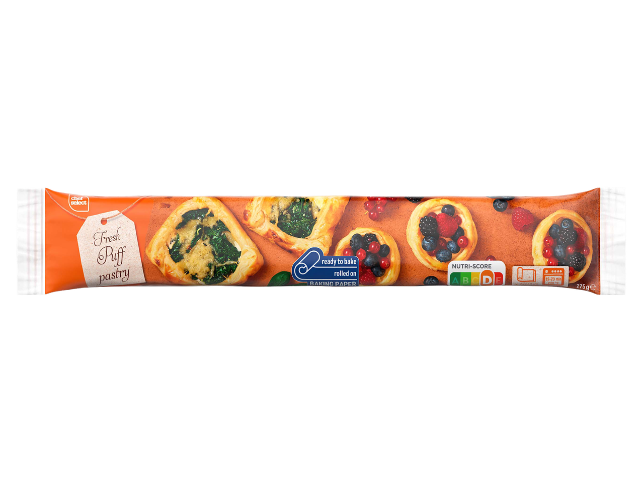 Friss leveles tészta sütőpapírra feltekerve, 275 g-os kiszerelésben.