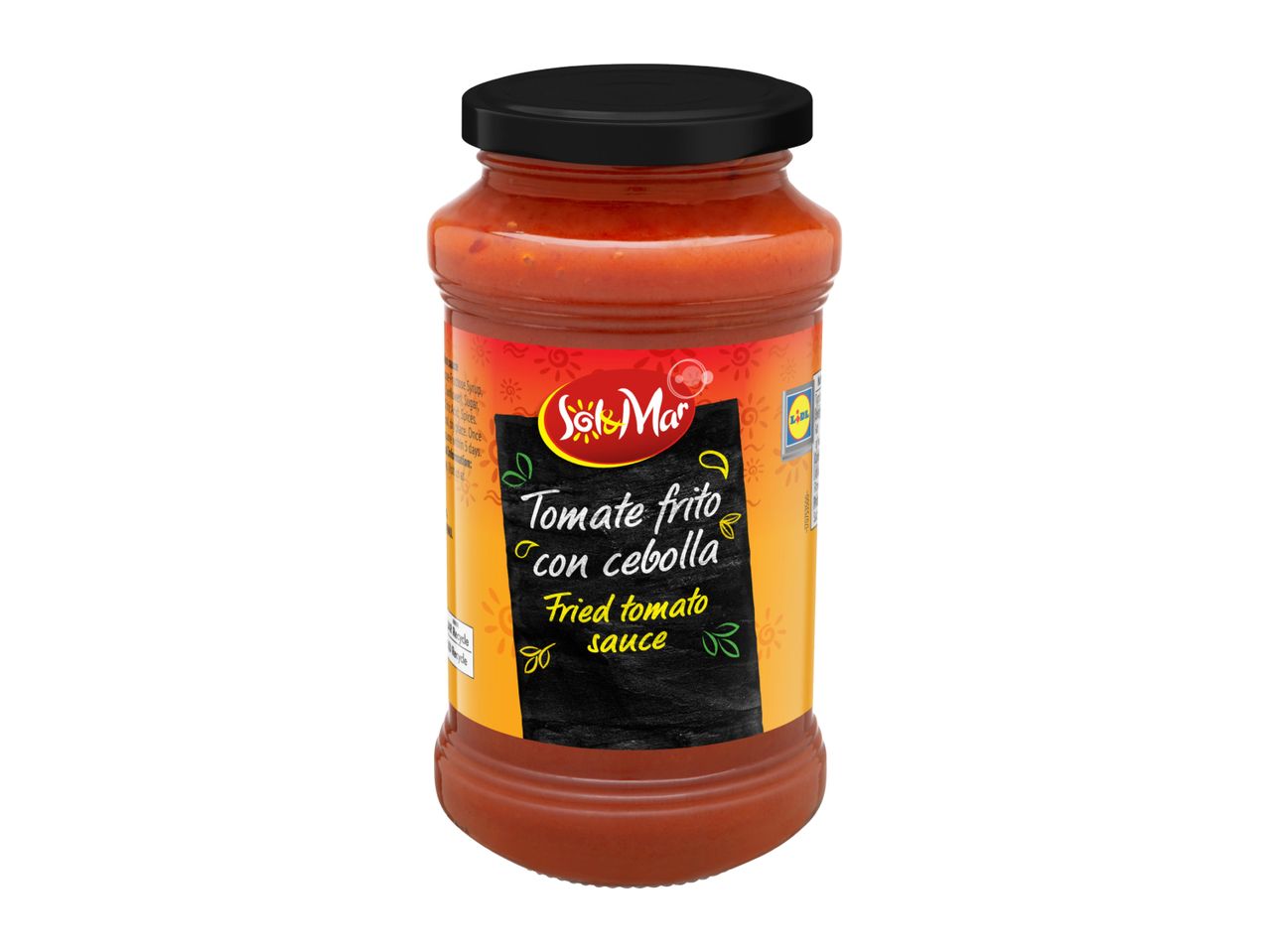 Jar of fried tomato sauce with onion, labeled in Spanish and English.