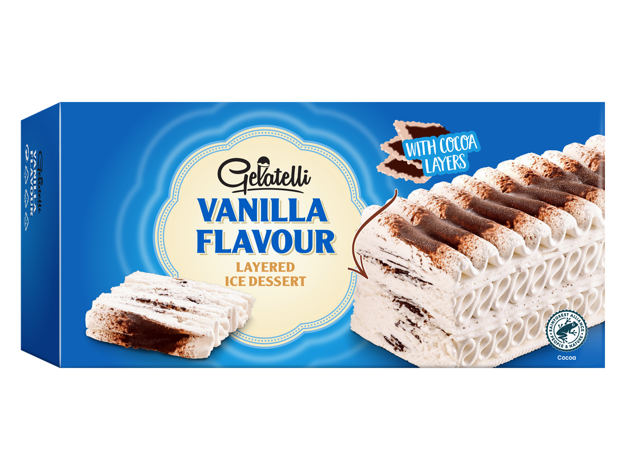 Sobremesa de gelo Gelatelli sabor baunilha, camadas de cacau.