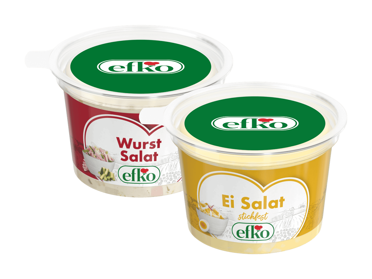 Zwei Efko Salate: Wurstsalat in roter Verpackung und Eiersalat in gelber Verpackung.
