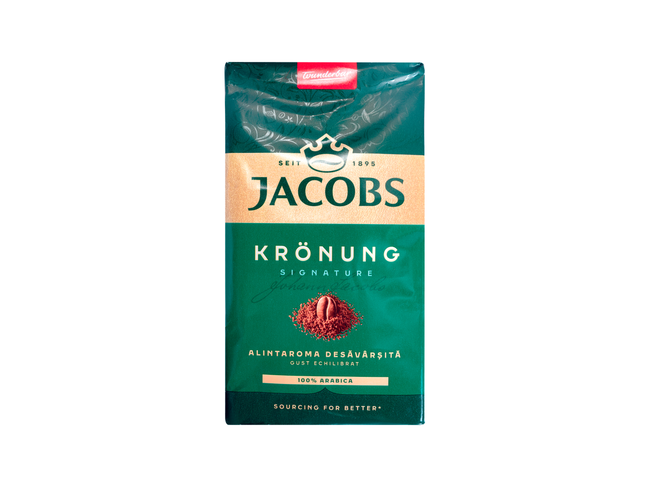 Cafea Jacobs Krönung în ambalaj verde cu litere aurii și boabe de cafea.