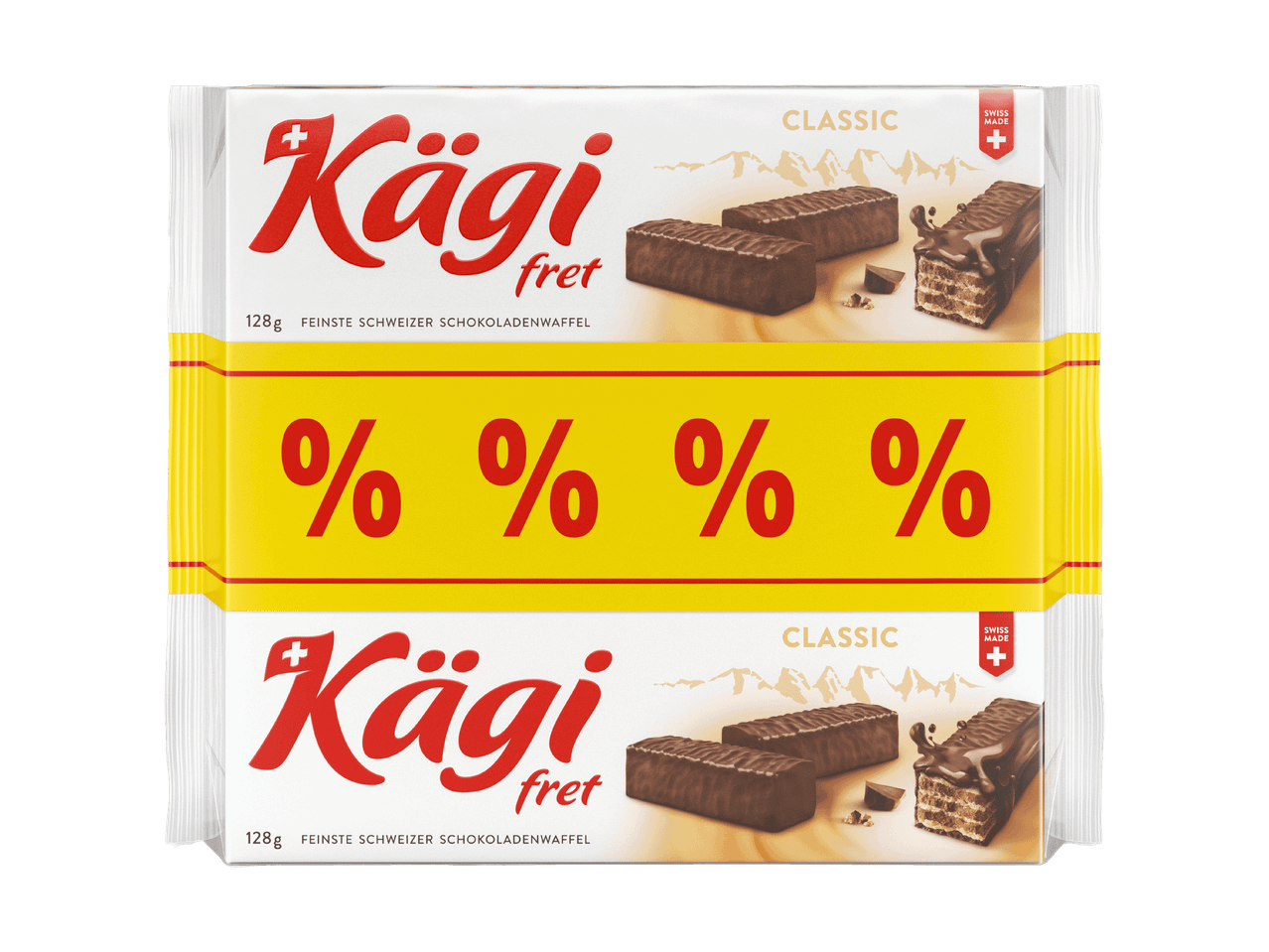 Zwei Packungen Kägi fret Classic Schokoladenwaffeln mit einem gelben Streifen mit Prozentzeichen dazwischen.