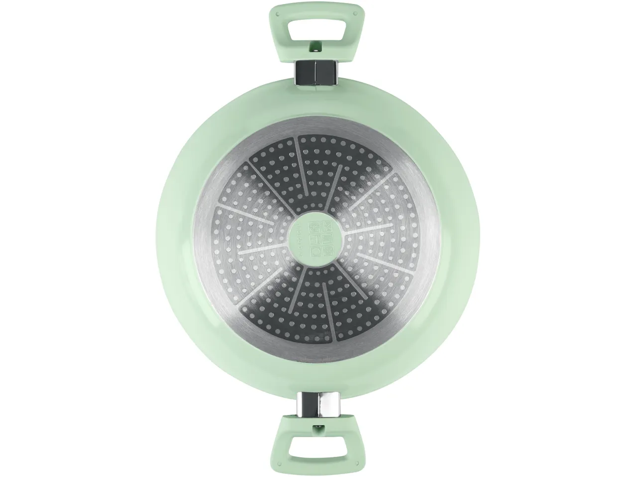 Fondo di una padella verde menta con manici, che mostra il design del fondo a induzione.