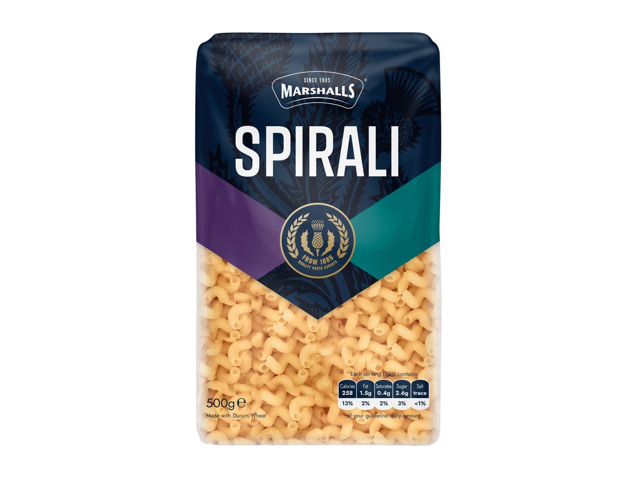 A bag of Marshall's Spirali pasta, 500g, with nutritional information.
