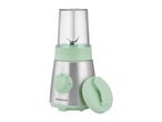 Stainless steel personal blender with a light green base and lid, featuring a clear blending cup.