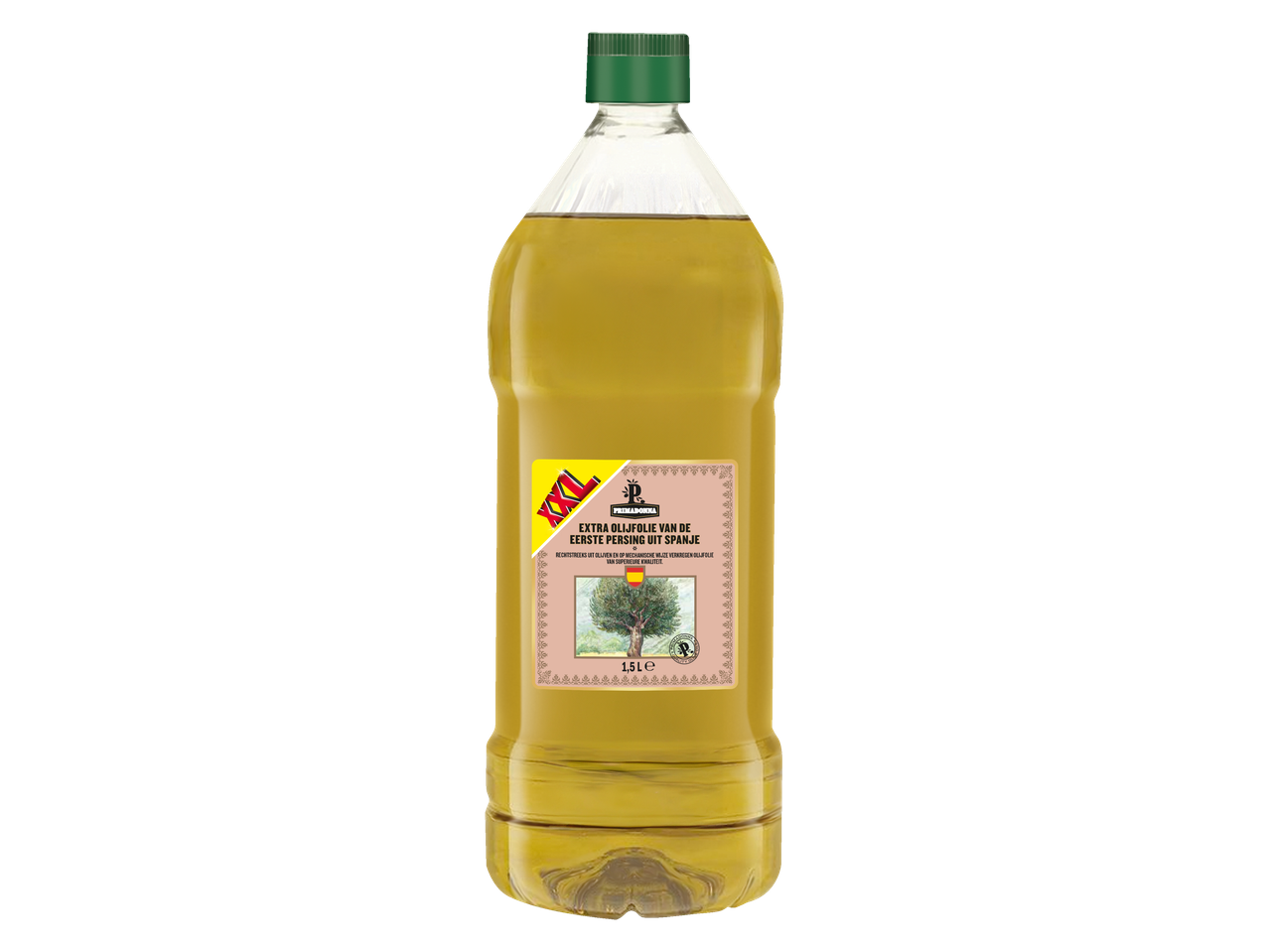 Een fles PrimaDonna extra vierge olijfolie uit Spanje van 1,5 liter.