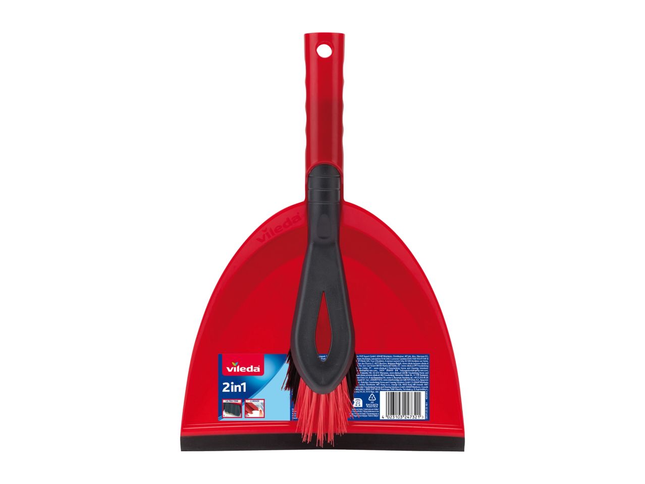 Red dustpan and brush set with a 2-in-1 feature for ultra-fine and corner cleaning.