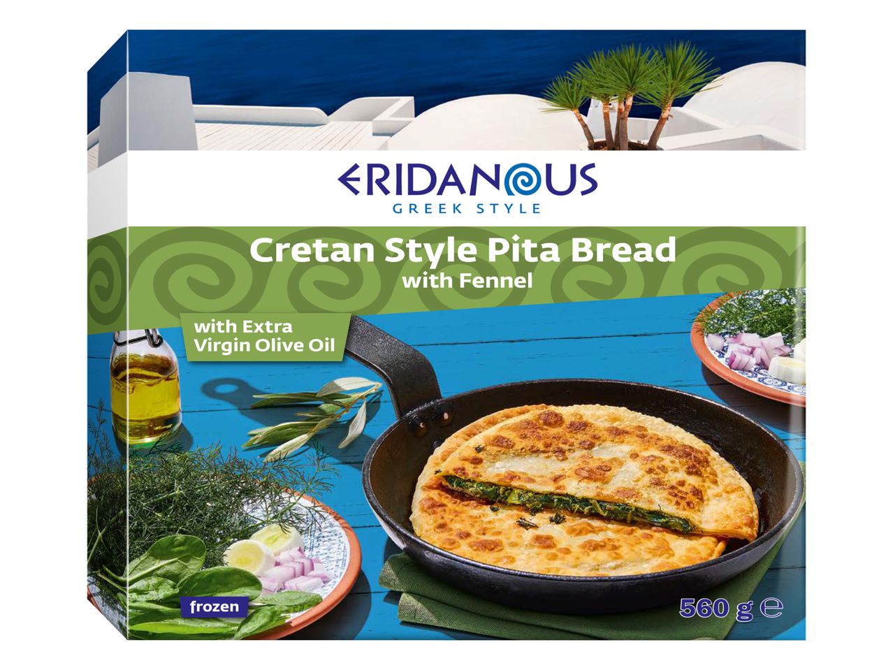 Zamrznjen grški kruh pita Eridanus s koprom in ekstra deviškim oljčnim oljem.