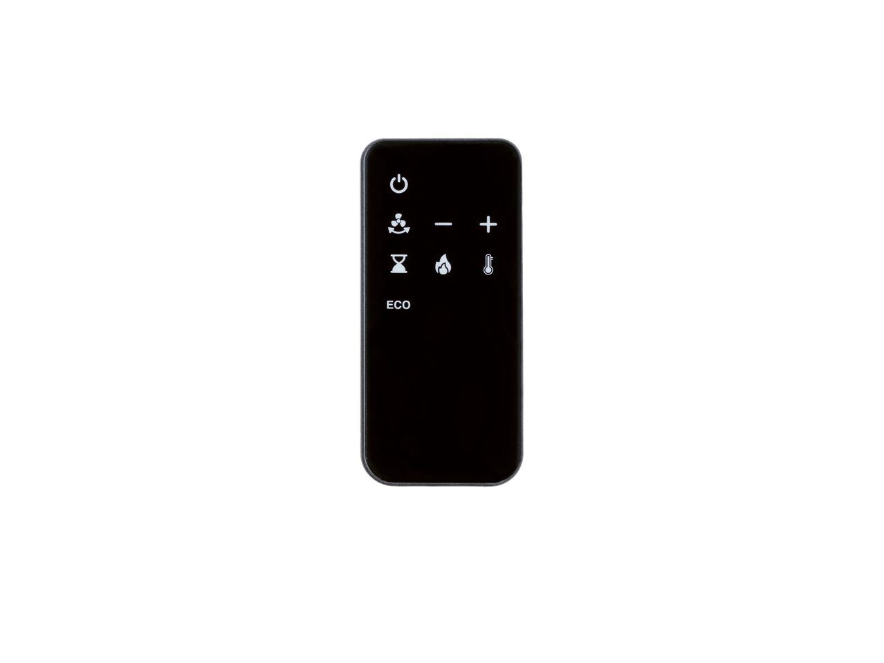 TRONIC® 2000W Ceramic Tower Heater remote control with power, fan, timer, heat, temperature, and ECO buttons.