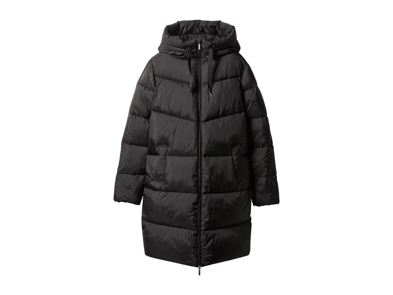 Black long puffer coat with a hood and zipper closure