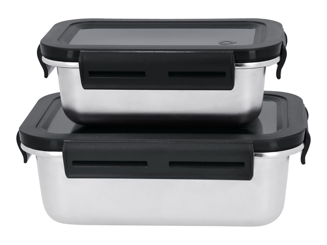Two stacked stainless steel food containers with black lids and clasps.