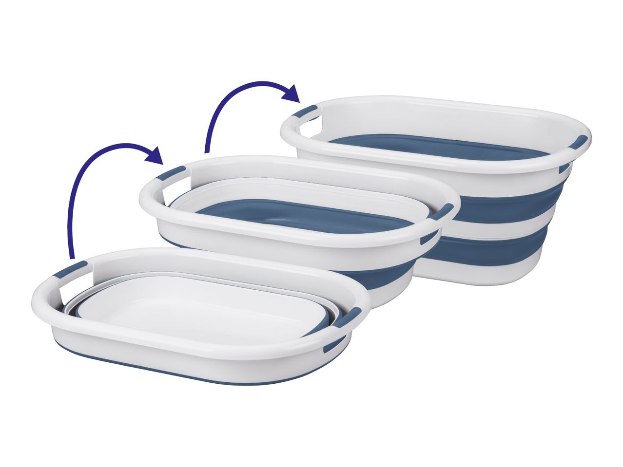 Three collapsible laundry baskets in white and blue, showing different stages of expansion.