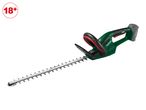 Cordless hedge trimmer with a long blade and an 18+ age restriction symbol.