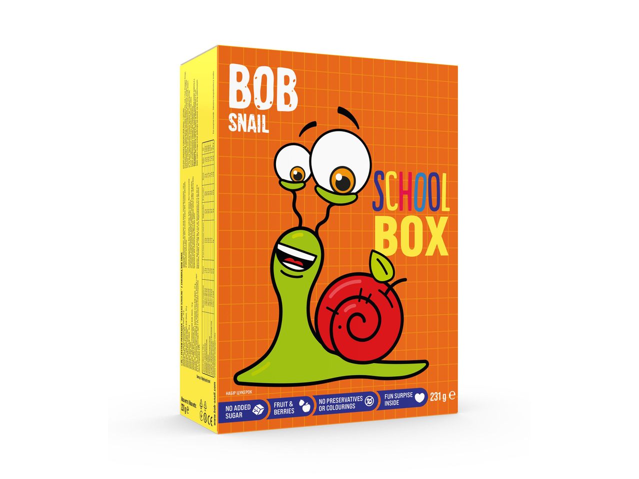 Bob Snail iskolai doboz, amely gyümölcsös rágcsálnivalókat és játékot tartalmaz.
