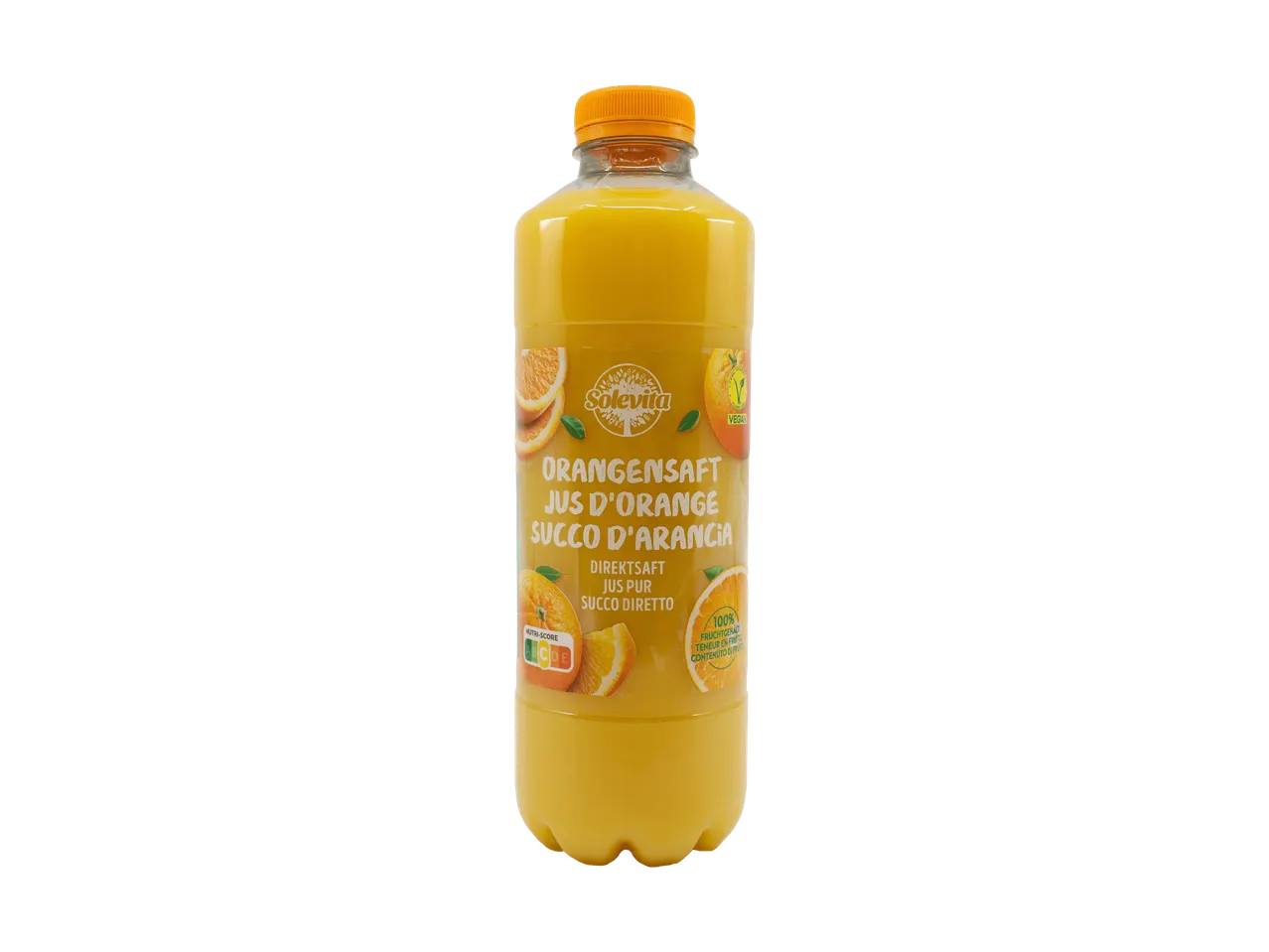 Bouteille de jus d'orange avec étiquette multilingue et Nutri-Score.