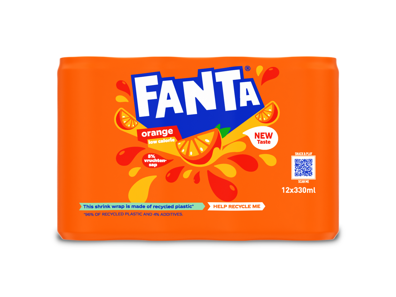 Een 12-pack Fanta Orange light met een nieuwe smaak, verpakt in gerecycled plastic.
