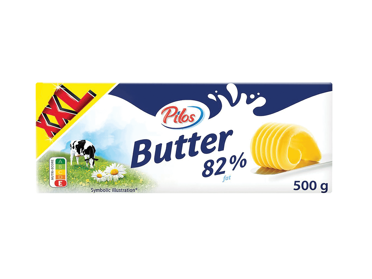 Sviesta iepakojums ar 82% tauku saturu, 500 g, ar govi un margrietiņām pļavā.