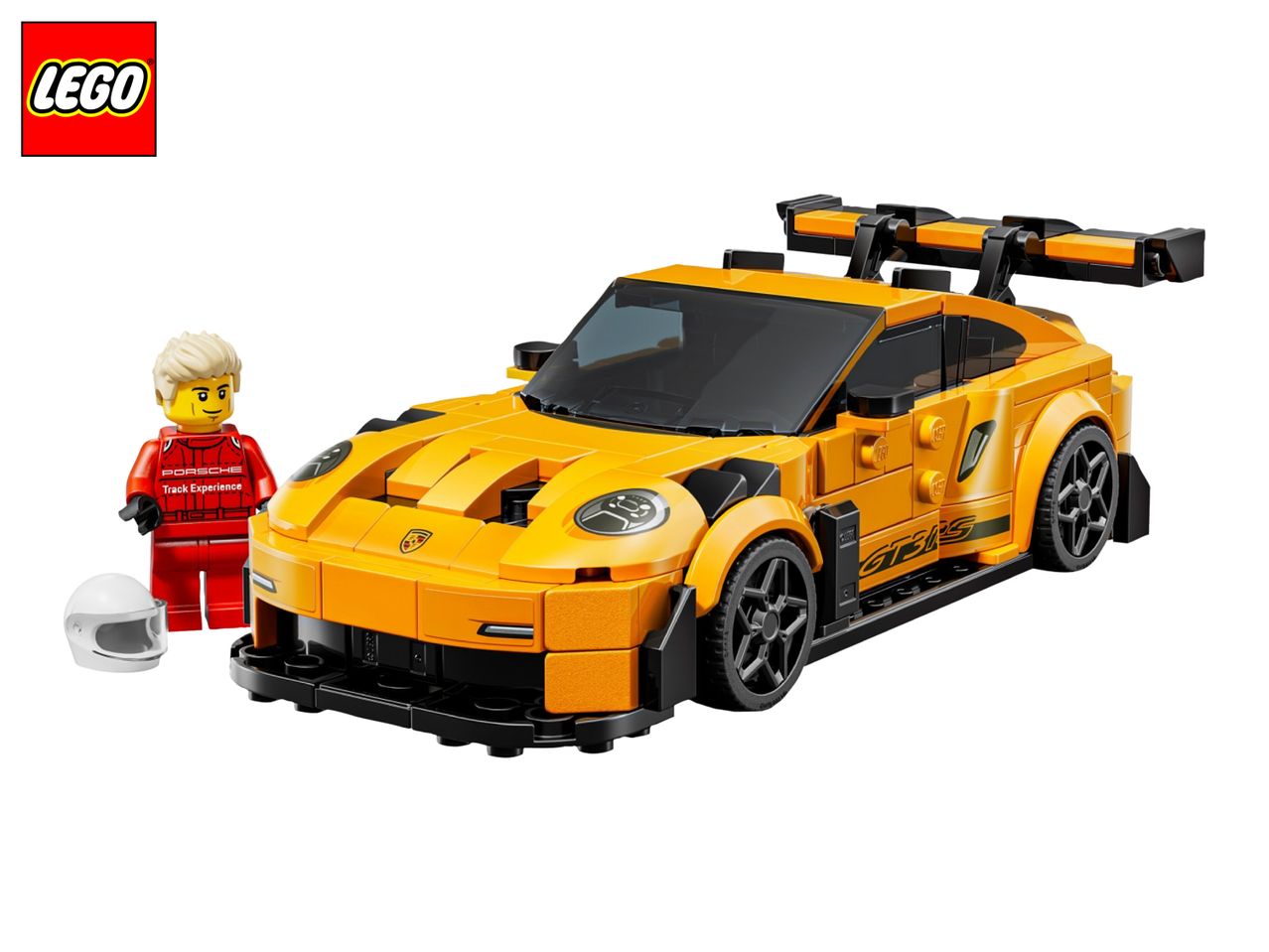 Yellow toy race car with a driver minifigure in a red racing suit and a white helmet.