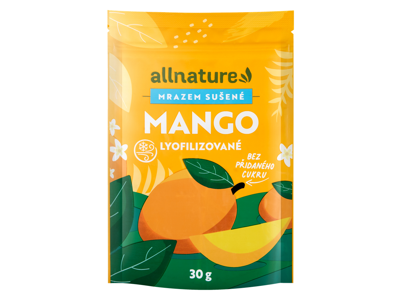 ALLNATURE Fructe liofilizate Mango, 30g, fără zahăr adăugat, în ambalaj galben.