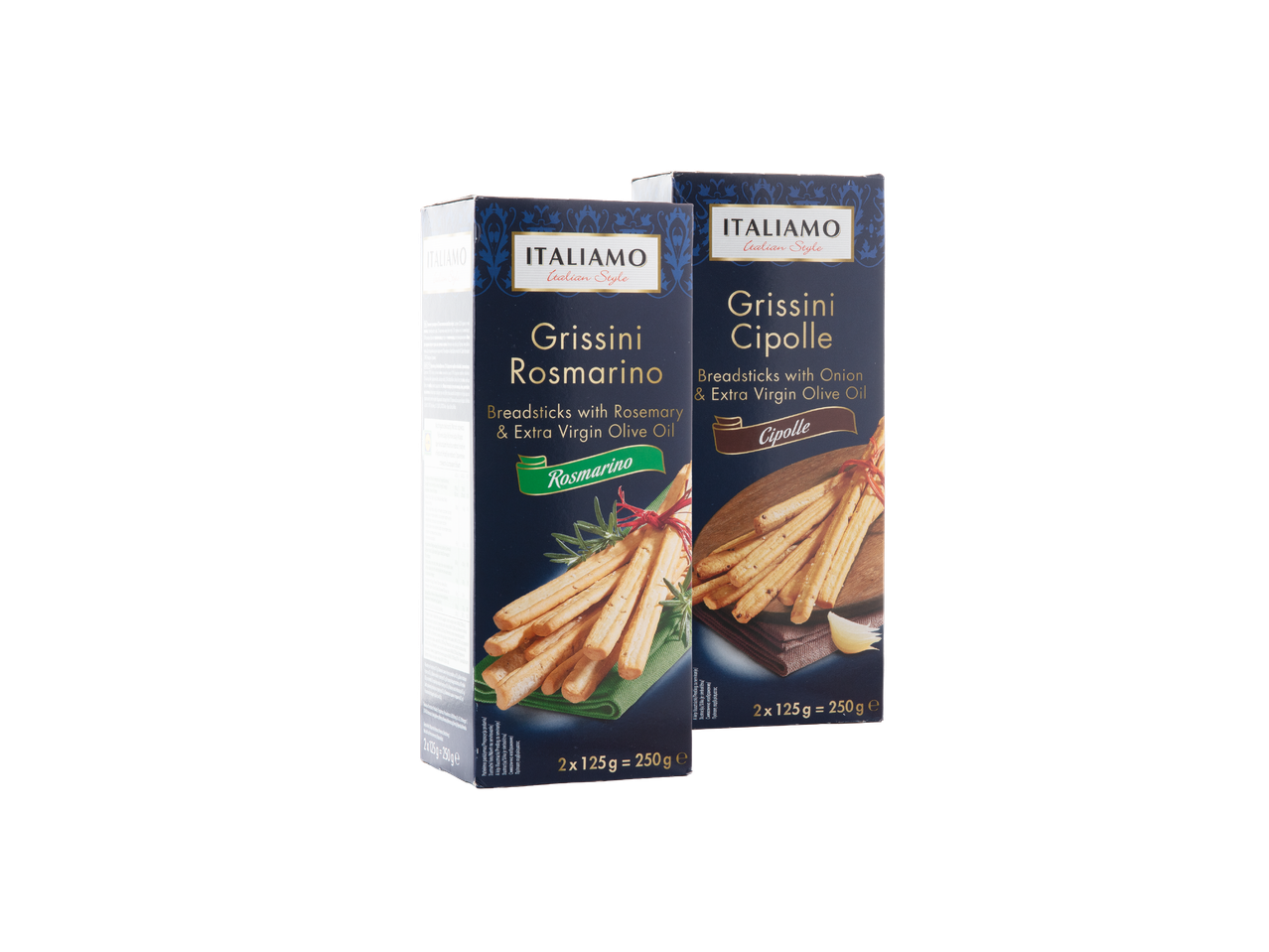 Dva pakiranja grissina Italliamo, s ružmarinom i lukom.