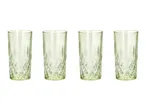 Four green patterned drinking glasses arranged in a row.