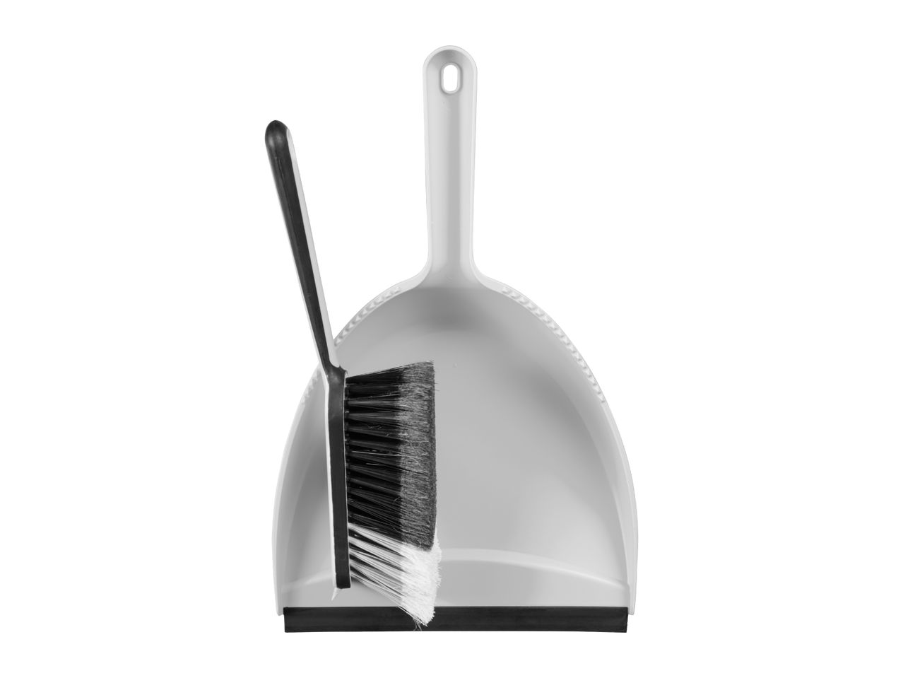 Grey dustpan and brush set with black and white bristles