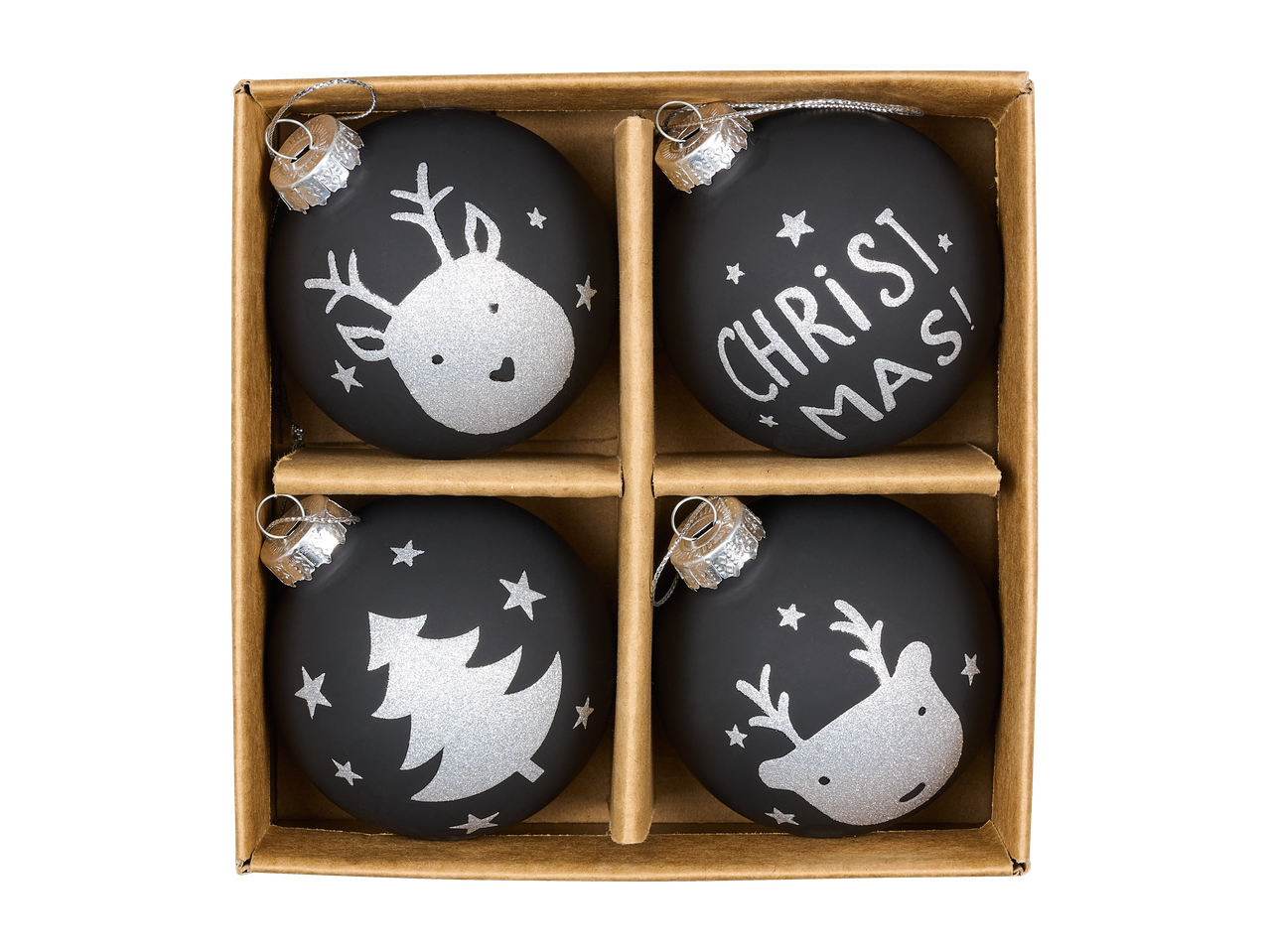 LIVARNO home Ziemassvētku eglītes bumbiņas: 4 melnas bumbiņas ar sudraba spīdīgiem dizainiem