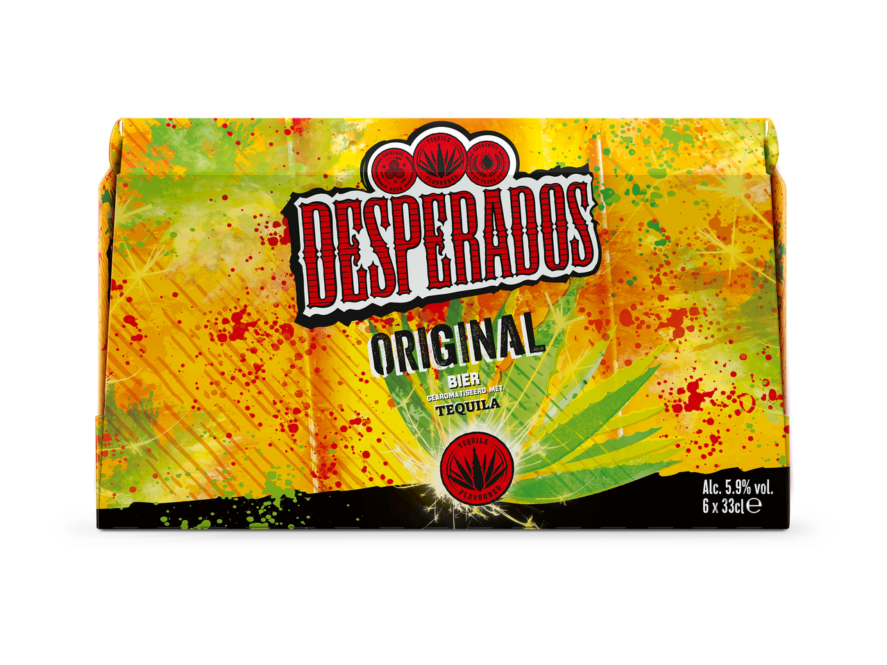 Een sixpack bier met tequila smaak, 5,9% alcohol, met een kleurrijk, gespikkeld ontwerp.