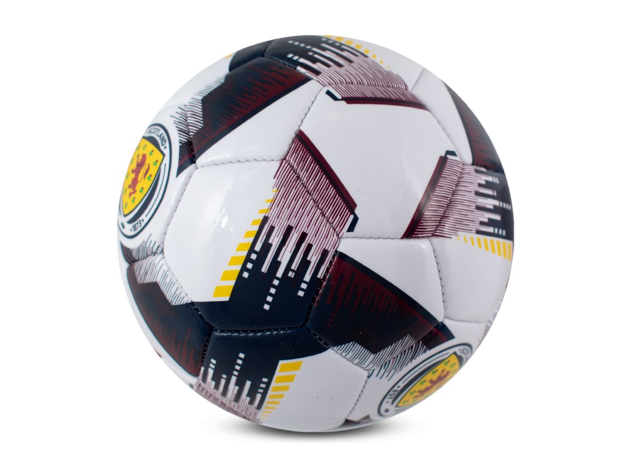 White, navy, and maroon football with a Scottish emblem and abstract patterns.