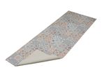 Rectangular floor mat with a colorful mosaic tile pattern in blue, orange, and gray.