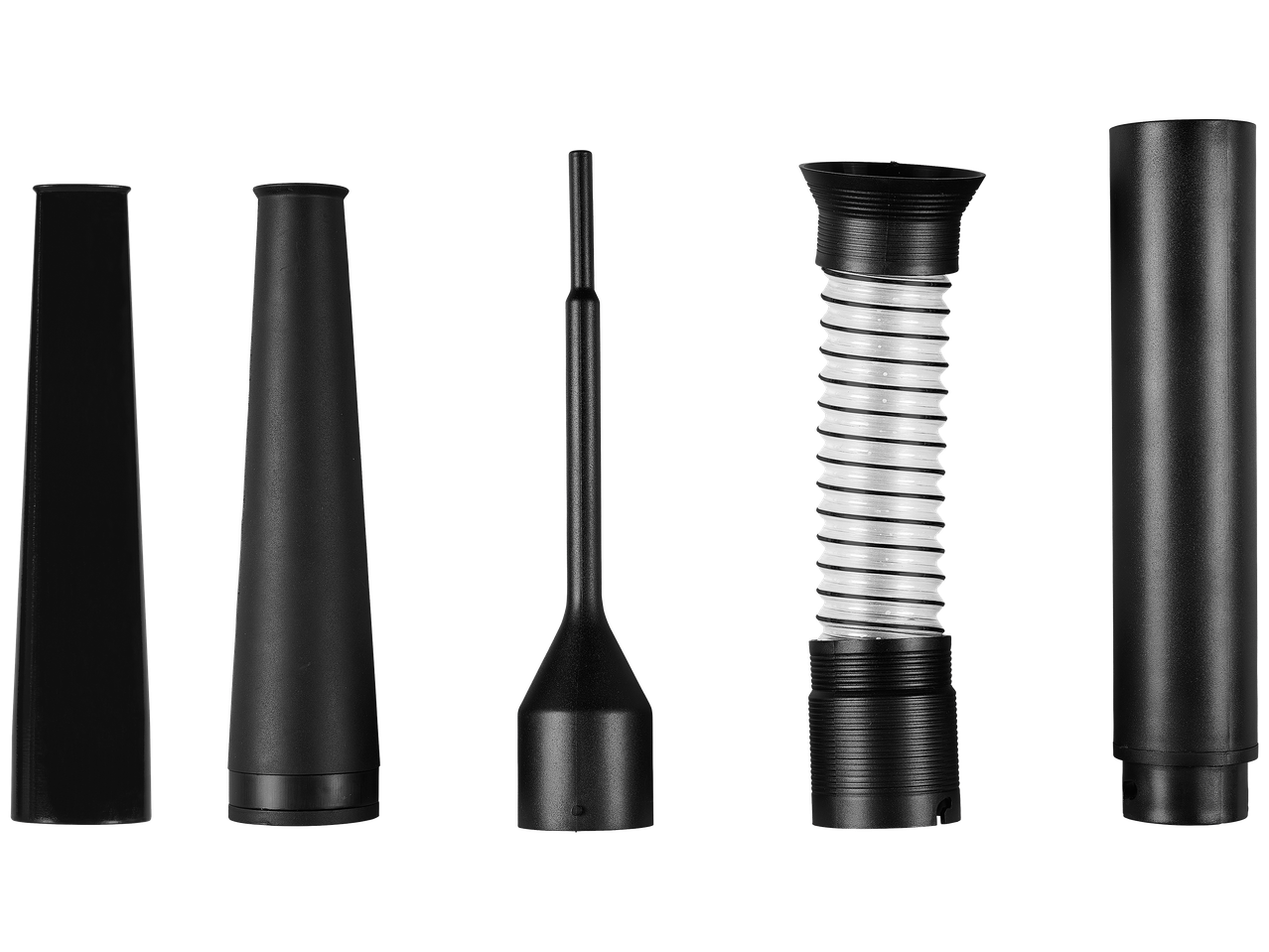 Accessoires d'aspirateur noirs : suceurs plats, brosse et tuyau flexible.
