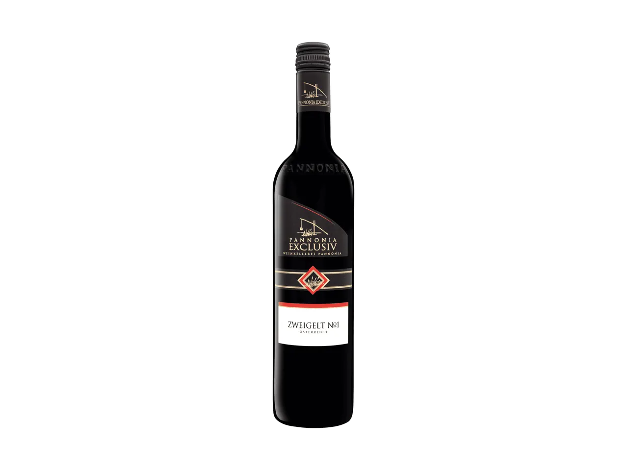 Une bouteille de vin rouge Zweigelt N°1 avec une étiquette noire et des détails dorés.