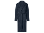 Тъмносин халат за баня от мека материя с колан и джобове.