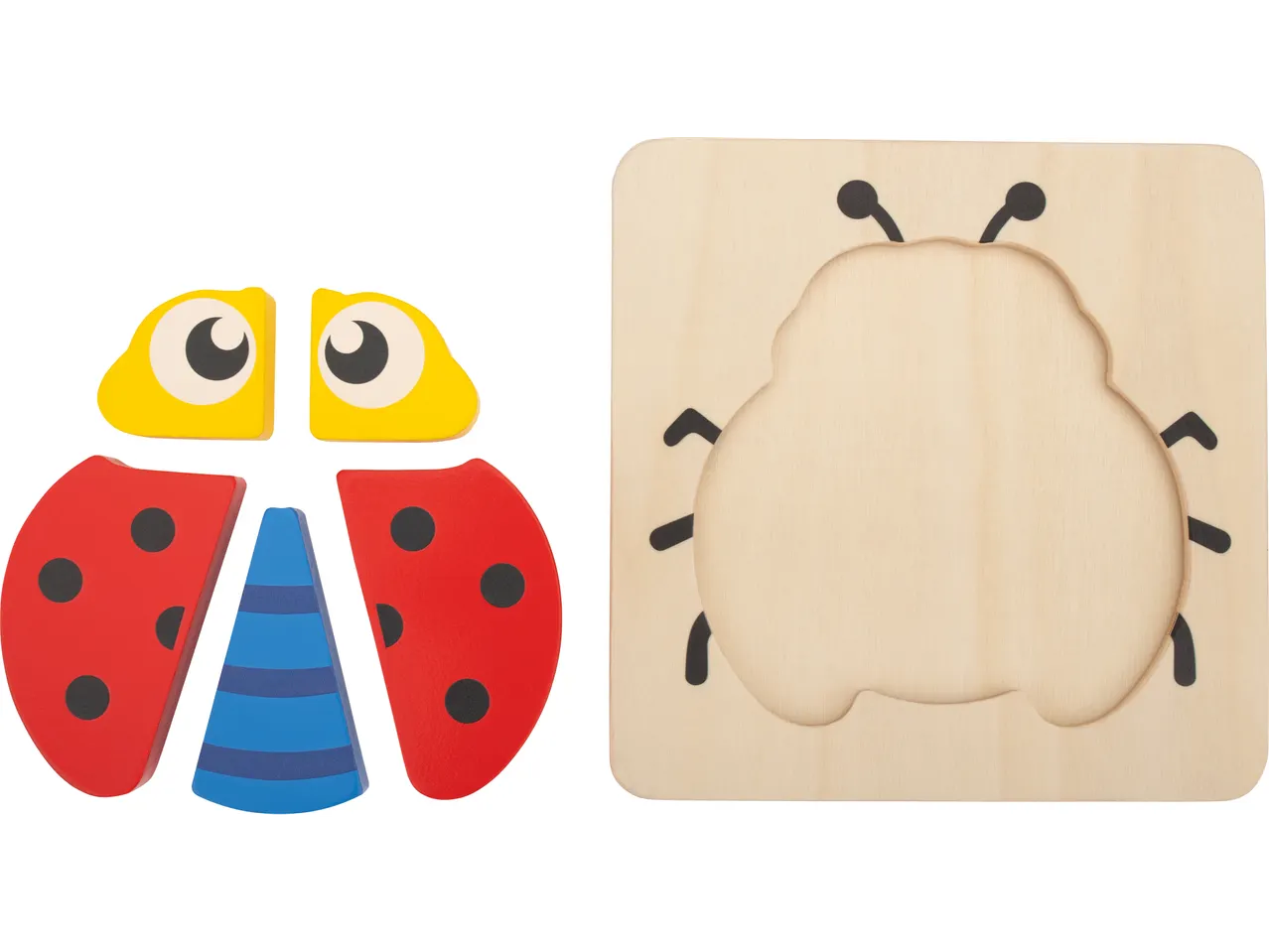Puzzle in legno LUPILU® con coccinella in pezzi separati e una tavola di legno con sagoma di coccinella.