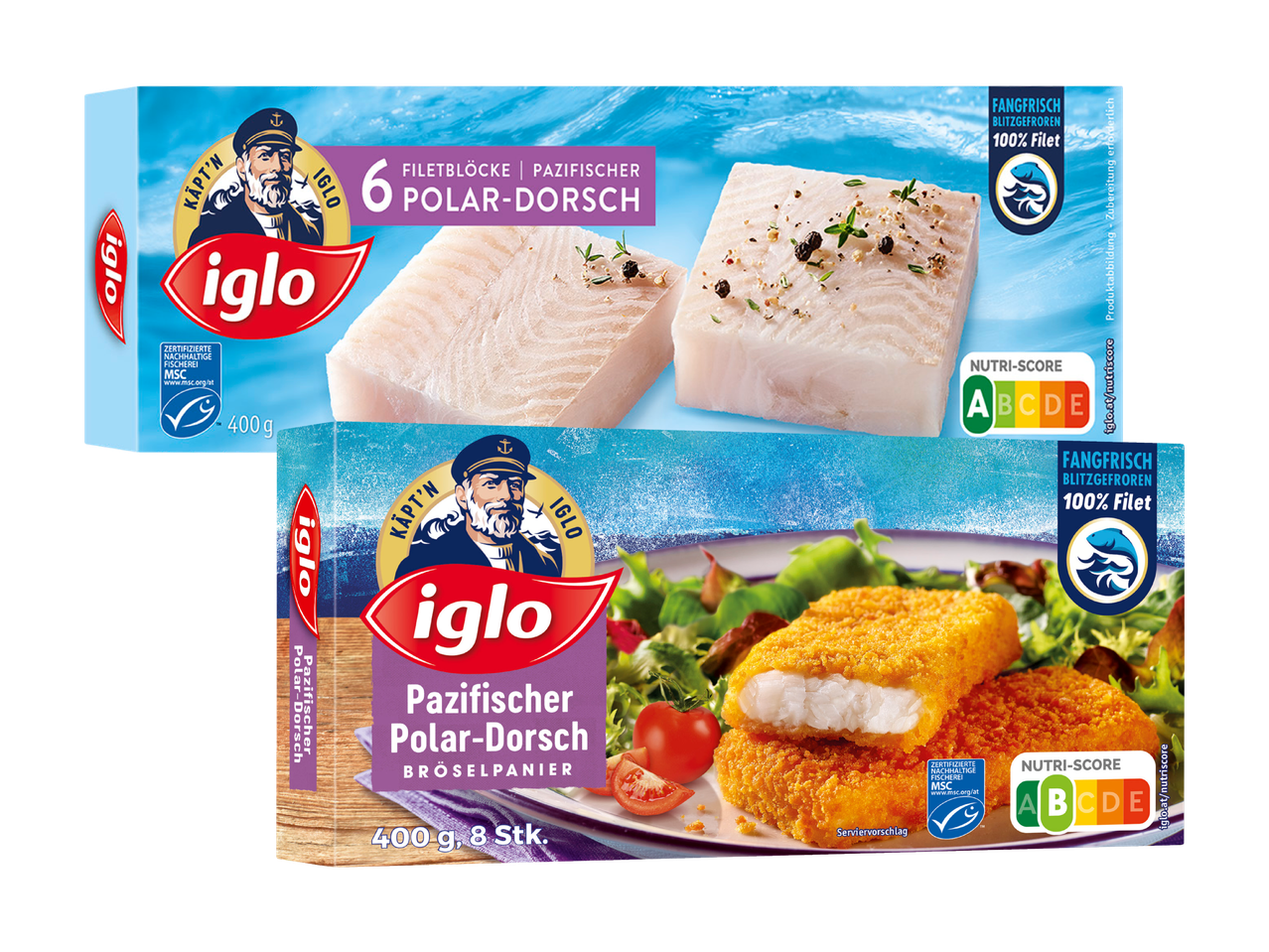 Zwei Iglo-Verpackungen für Pazifischen Polar-Dorsch: Filetblöcke und panierte Fischstäbchen.