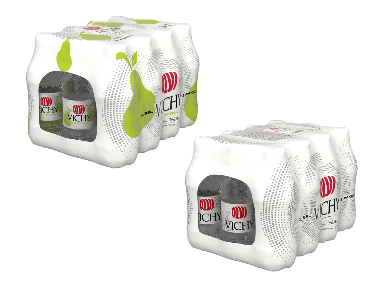 Kaksi kuusipakkausta Danone Light -mehuja, toinen päärynänmakuinen.
