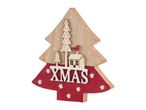 Wooden Christmas tree decoration with a house, trees, a bird, and 'XMAS' text.