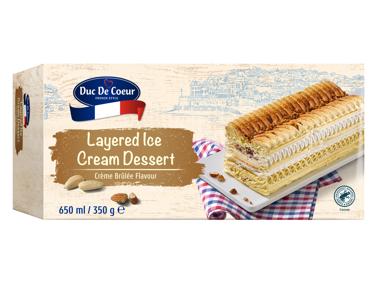 Duc de Coeur Layered Ice Cream Dessert, Crème Brûlée Flavour, with almonds and a French-style background.