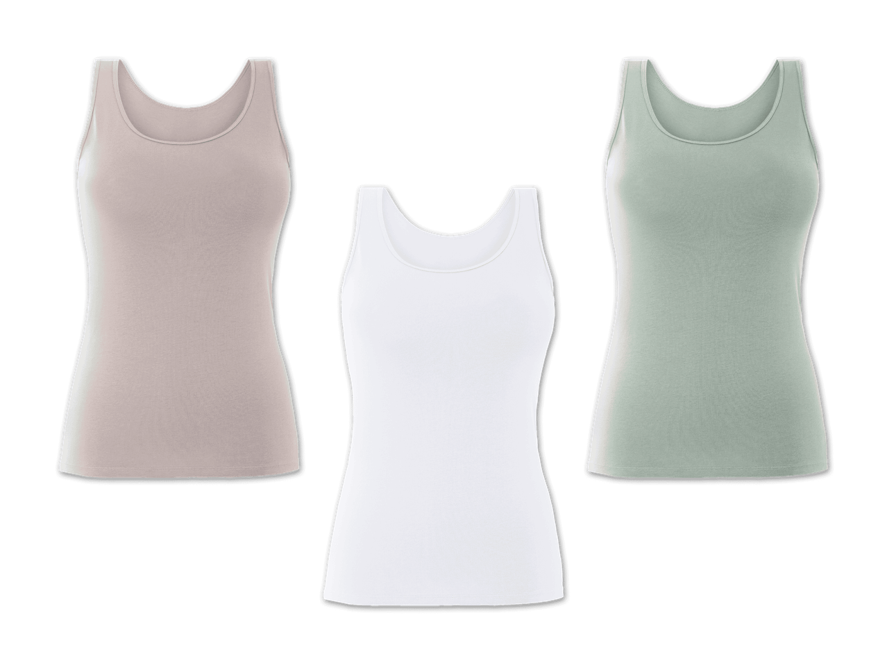 Drei Damen-Tanktops in Beige, Weiß und Hellgrün.