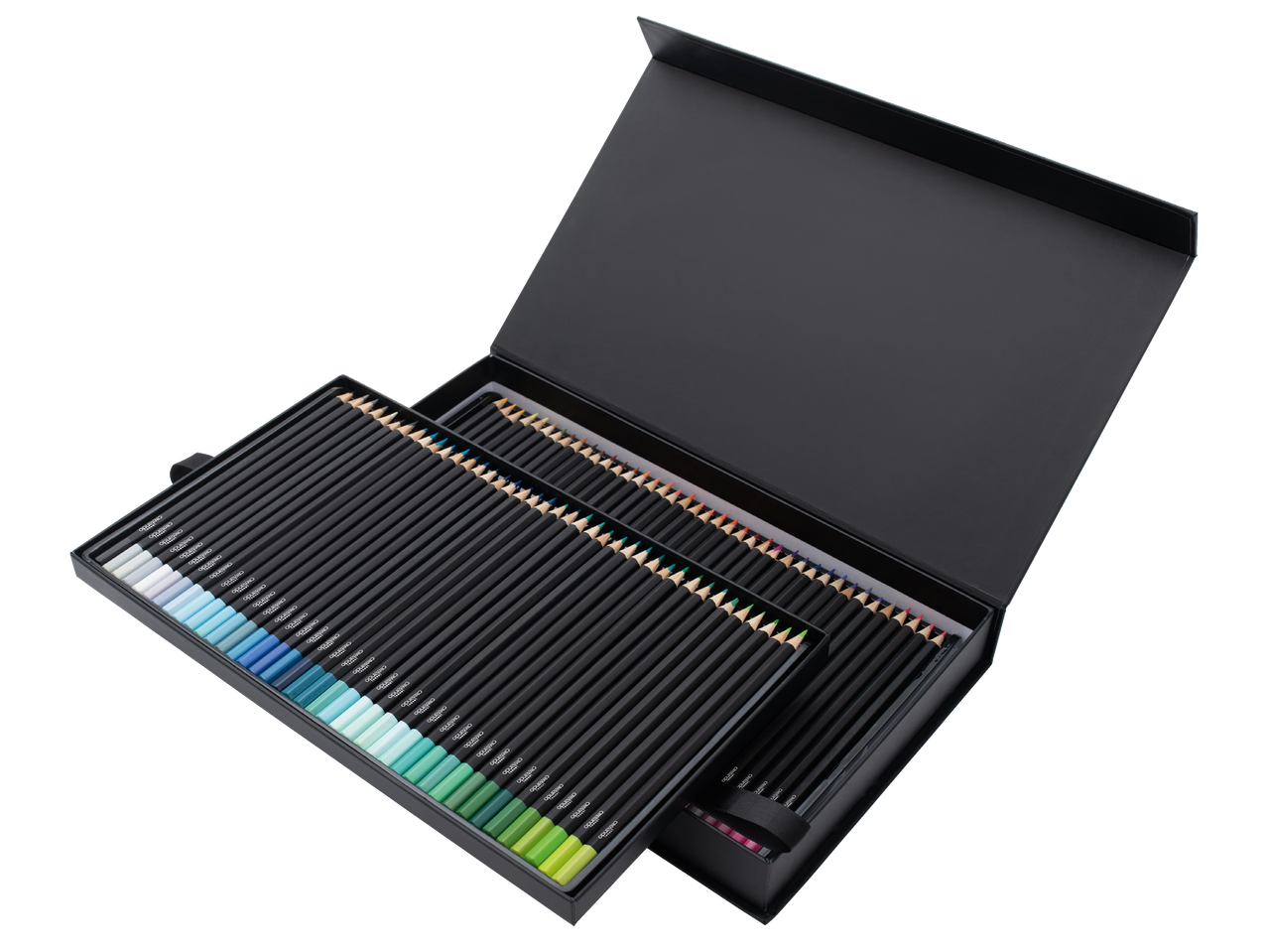Отворена кутия с цветни моливи Crelando, подредени по цвят, от синьо до зелено.