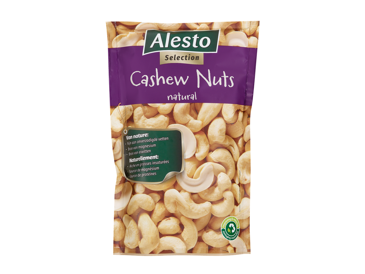 Un sachet de noix de cajou naturelles Alesto Selection, soulignant leurs bienfaits nutritionnels.