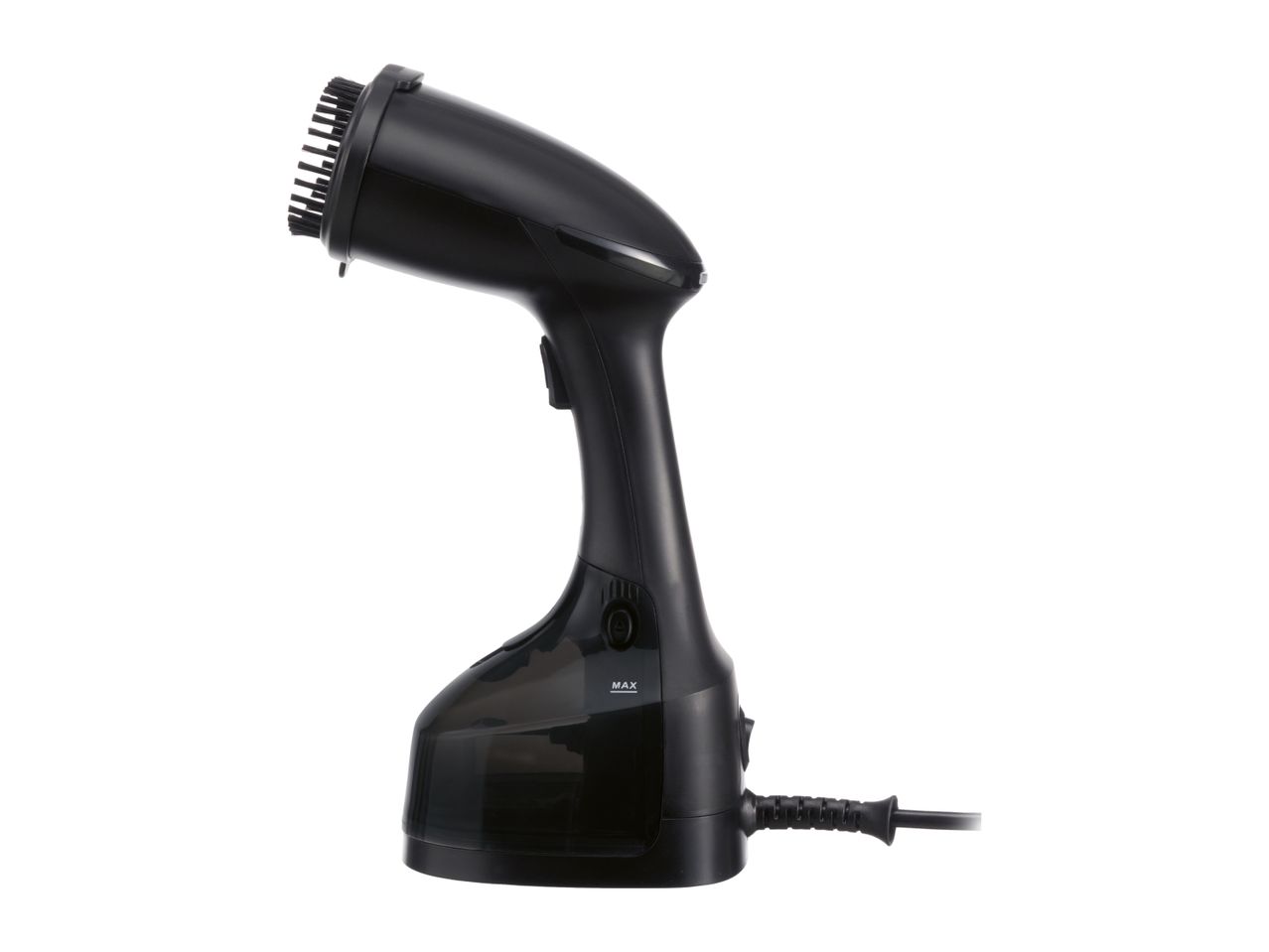 Black handheld garment steamer with a brush attachment, water tank, and power cord.