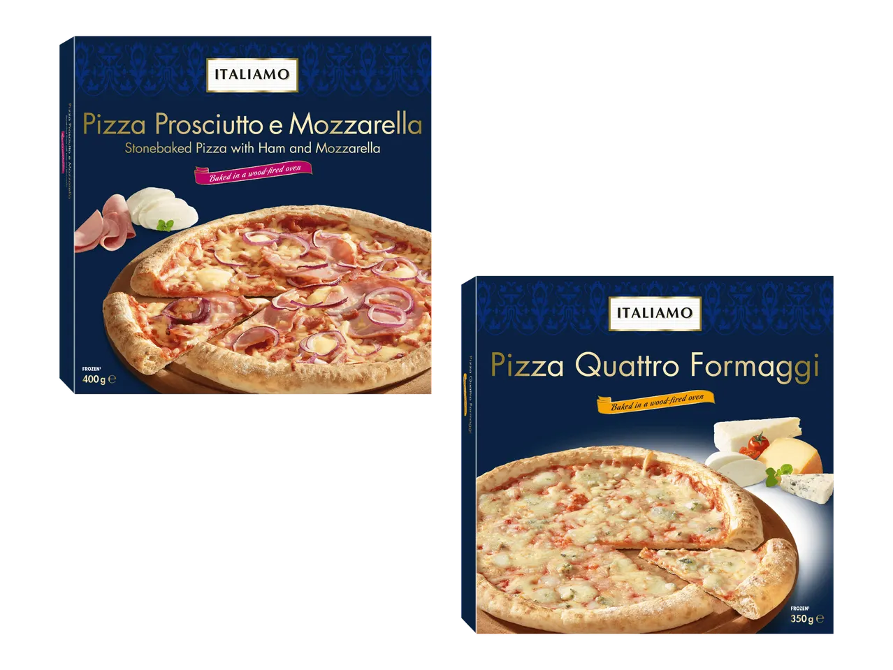 Kaksi pakkausta pakastepizzaa: kinkku-mozzarellapizza ja neljän juuston pizza.