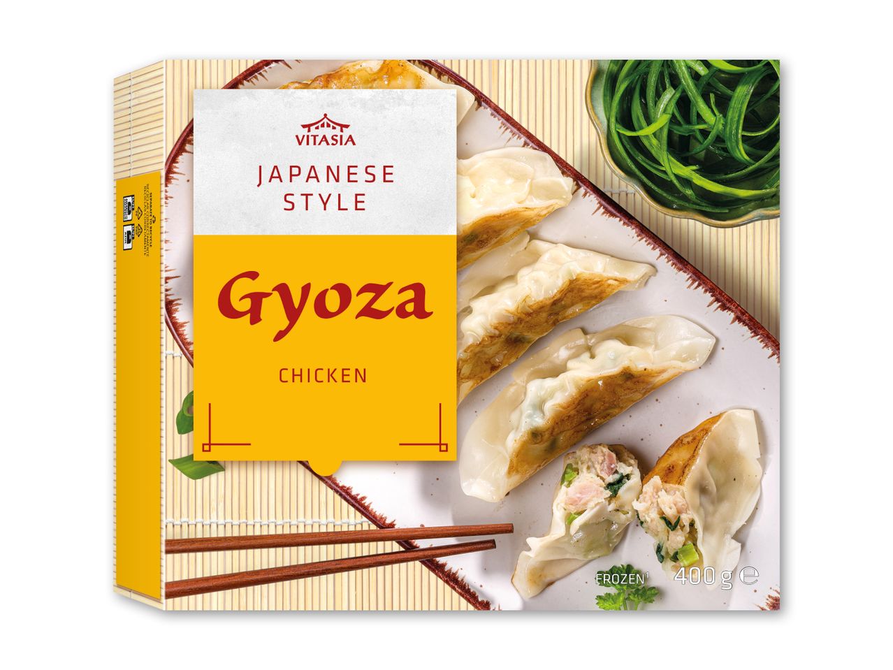 Æske med japansk-inspirerede kyllingegyoza, frosne, 400g.