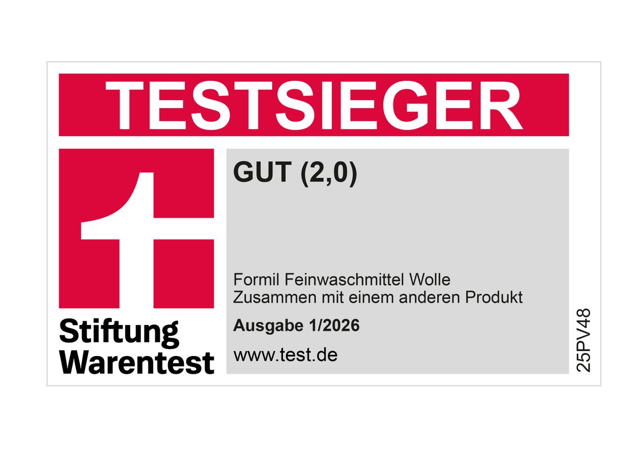 Testsieger-Siegel für Feinwaschmittel Wolle, Note Gut (2,0), Ausgabe 1/2026