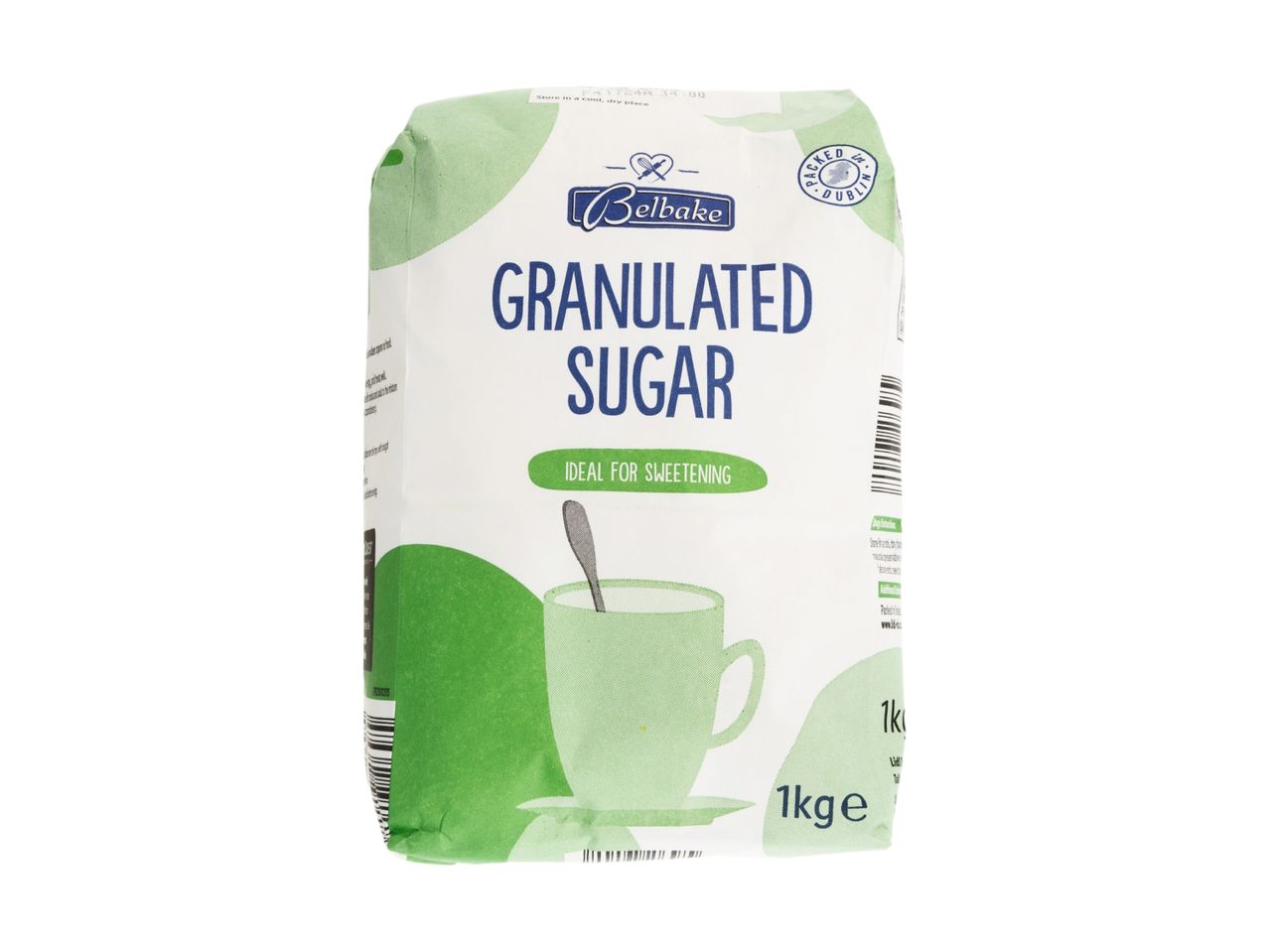 A bag of granulated sugar, ideal for sweetening, with a cup and spoon graphic.