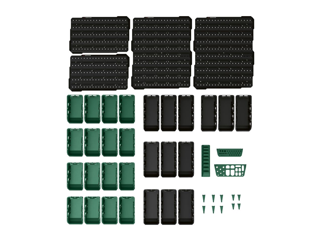 Black pegboards with various green and black storage boxes and tool holders.